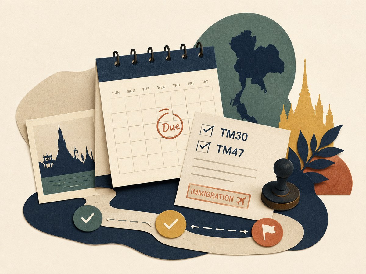THaiculator paper illustration with a calendar, Thailand map and TM30 / TM47 checklist